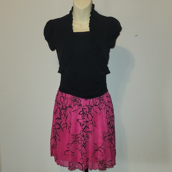 Speechless Girls Floral Pink and Black Dress With Cap Sleeves - Picture 1 of 6